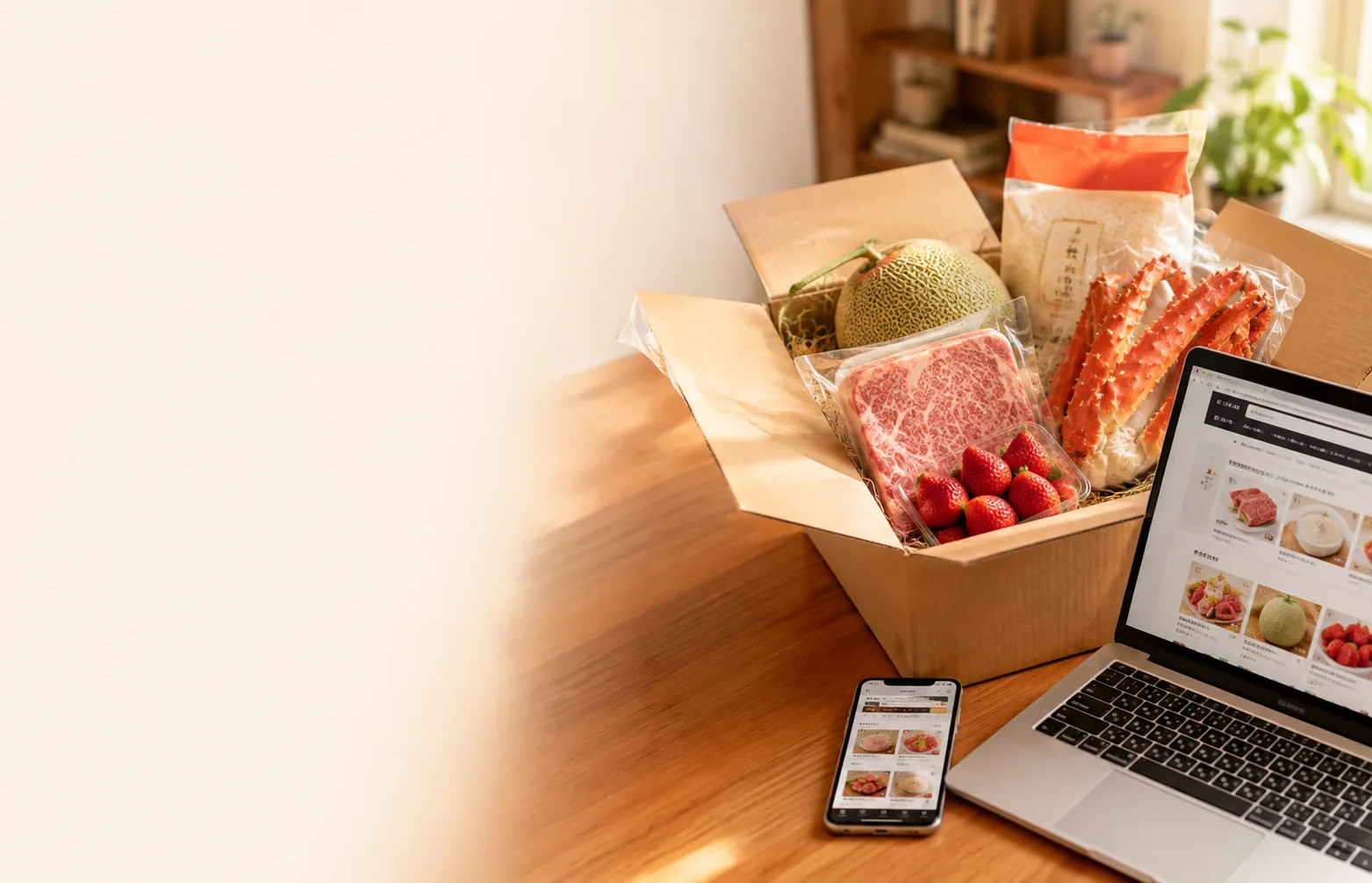 Caixa de papelão aberta sobre uma mesa de madeira, com melão, arroz, carne wagyu, morangos e pernas de caranguejo dentro, ao lado de um notebook e um celular mostrando uma loja de presentes de furusato nozei