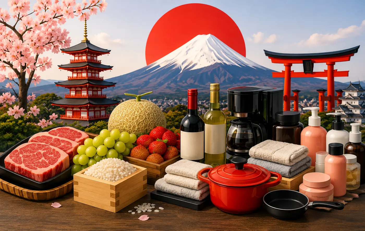 Monte Fuji, torii e pagode ao fundo, com wagyu, melão, uvas, morangos, arroz, saquê, panela e toalhas — presentes típicos do furusato nozei