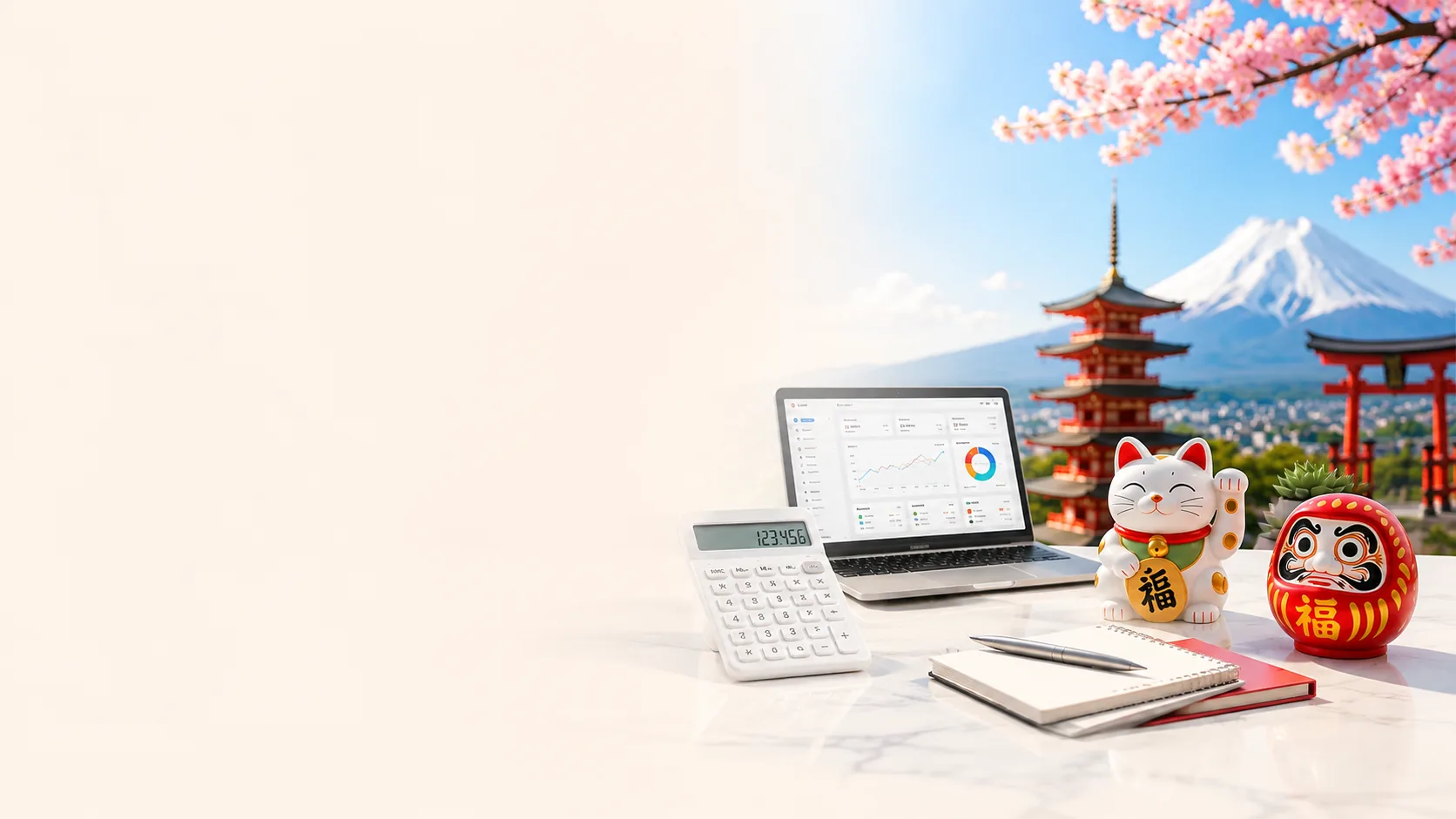 Mesa clara com notebook mostrando um painel financeiro, calculadora, caderno, maneki-neko e daruma, com o monte Fuji, um pagode e um torii ao fundo entre cerejeiras