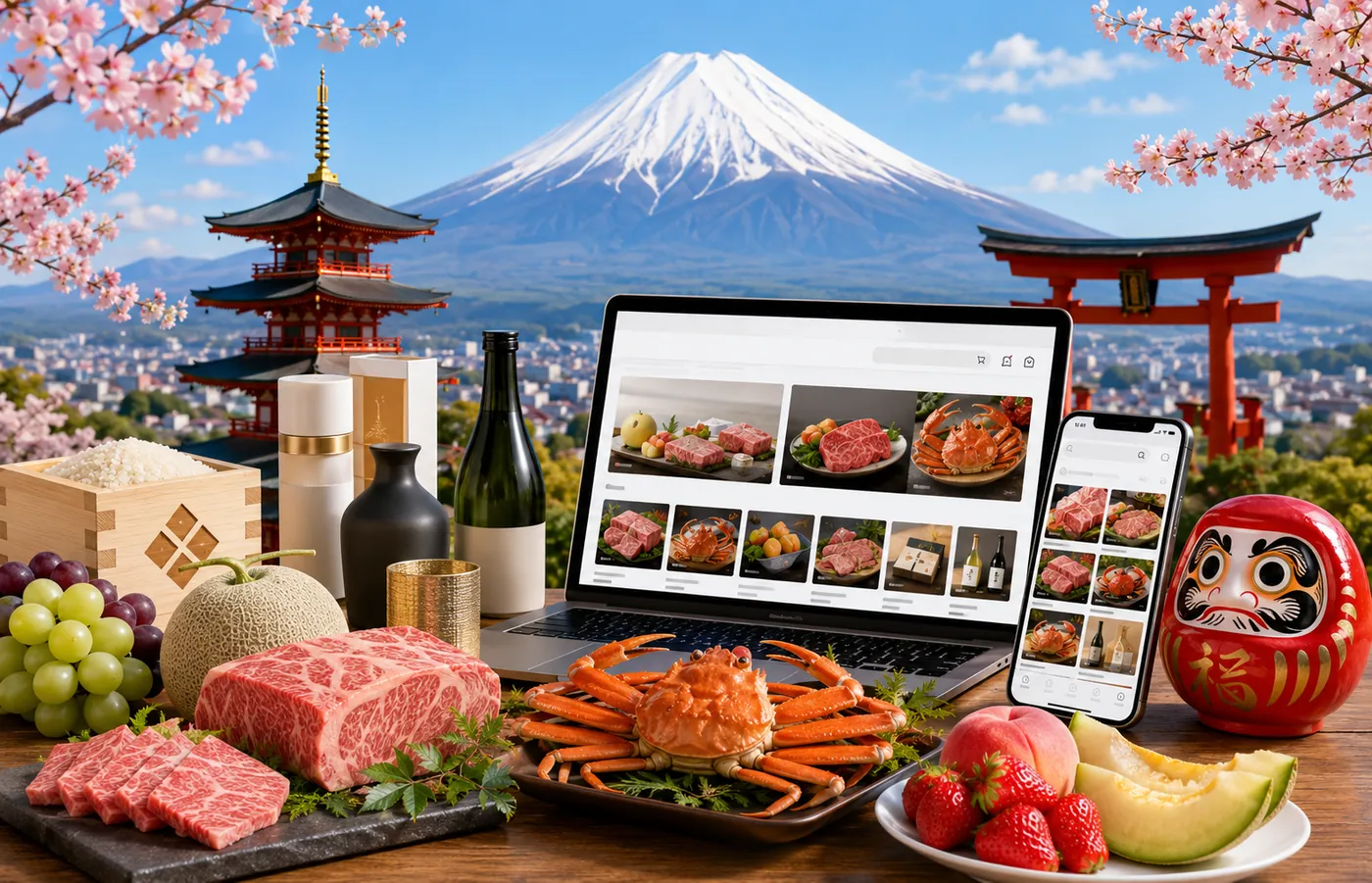 Notebook e celular mostrando uma loja de presentes de furusato nozei, com monte Fuji, torii, pagode, wagyu, caranguejo, melão, arroz e saquê sobre a mesa