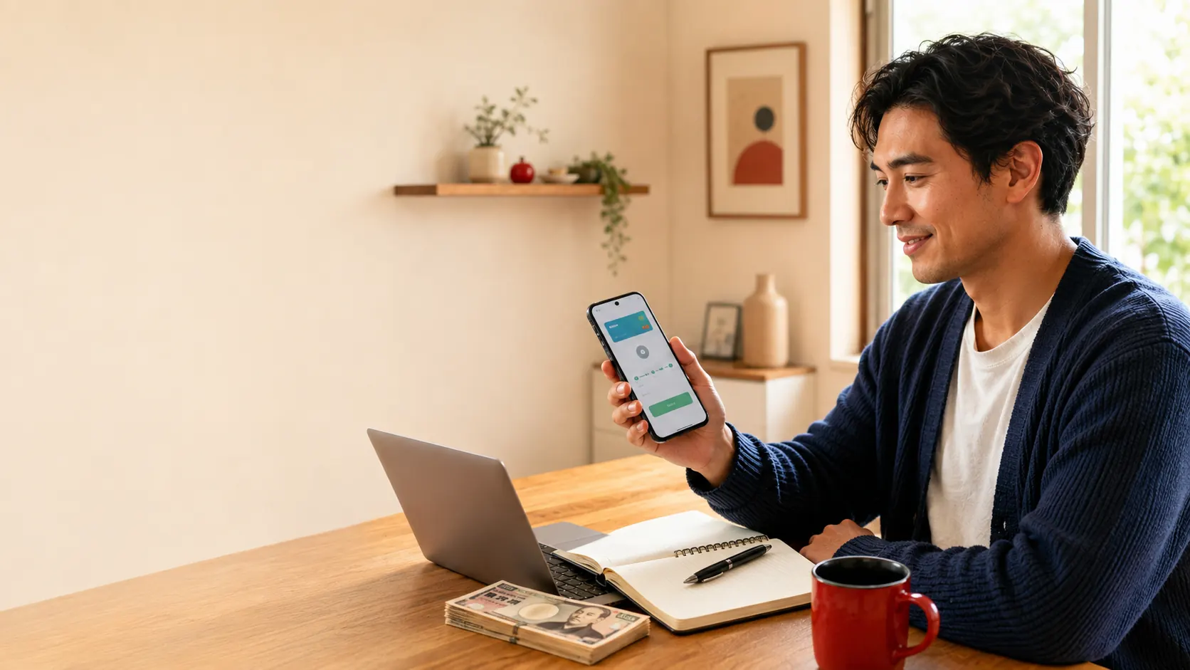 Homem sentado à mesa de casa olhando o celular com um aplicativo de transferência aberto, ao lado de um notebook, um maço de notas de iene e um caderno de contas