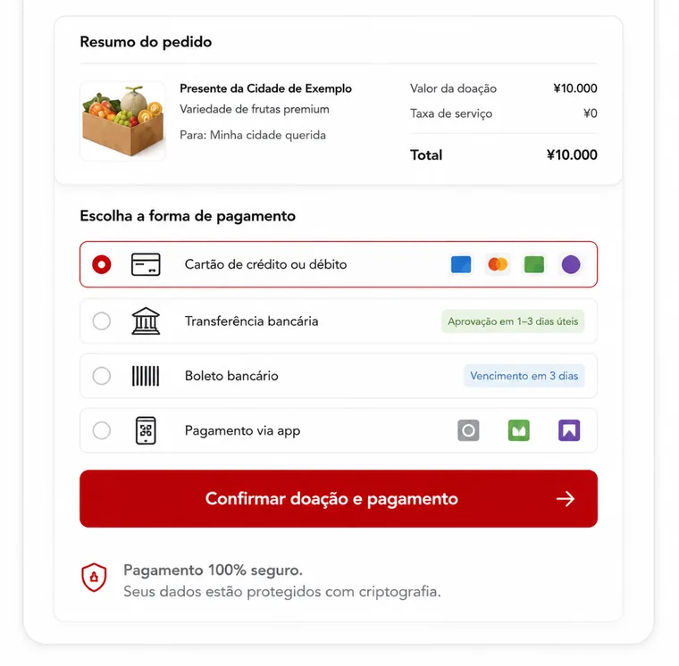 Tela de resumo do pedido e escolha da forma de pagamento